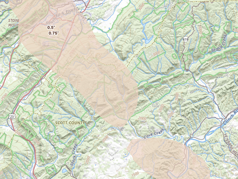 Radar-estimated hail-size map of the storm over Duffield, VA on Aug 22, 2026