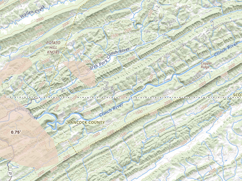Radar-estimated hail-size map of the storm over Duffield, VA