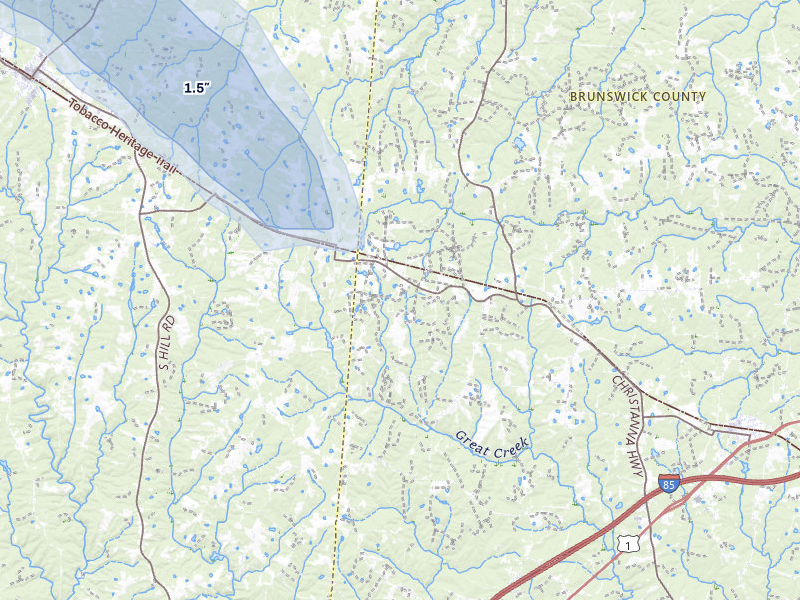 NEXRAD radar-signature map of the hail storm over Dundas, VA on May 27, 2026