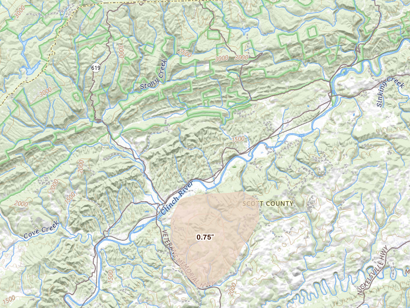 Radar-estimated hail-size map of the storm over Dungannon, VA on Jul 4, 2026