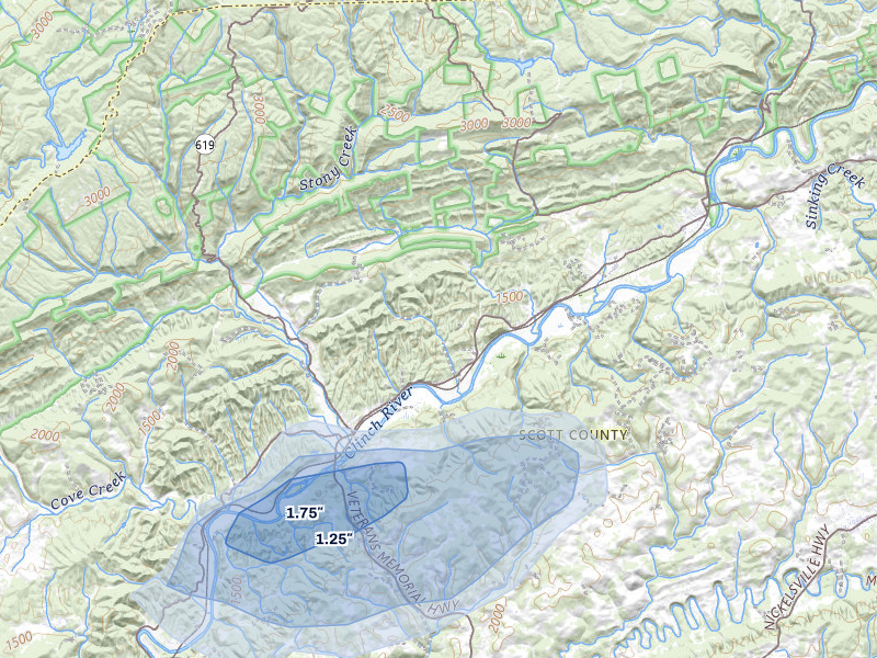 NEXRAD radar-signature map of the hail over Dungannon, VA