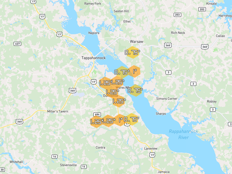 Hail map of Dunnsville, VA on Jul 29, 2026, hail up to 1.25"