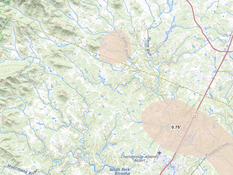 Radar-estimated hail-size map of the storm over Dyke, VA on Jul 6, 2026