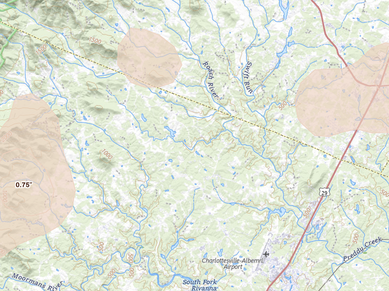 Radar-estimated hail-size map of the storm over Dyke, VA on Aug 22, 2026