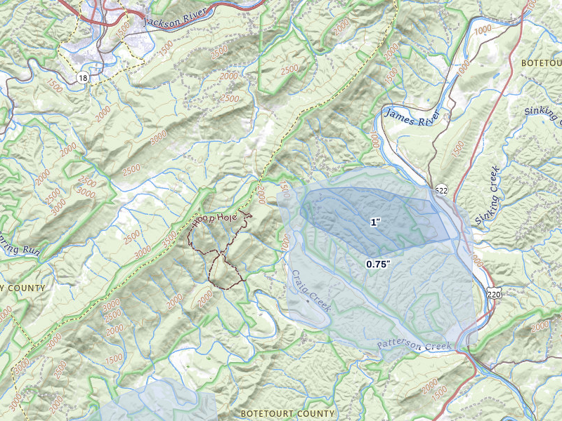 NEXRAD radar-signature map of the hail storm over Eagle Rock, VA on Apr 1, 2026