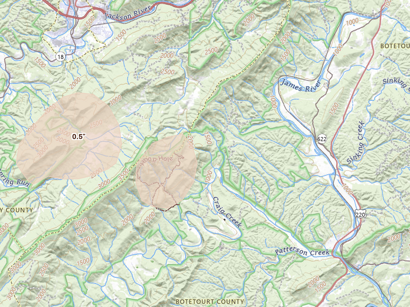 Radar-estimated hail-size map of the storm over Eagle Rock, VA on May 27, 2026