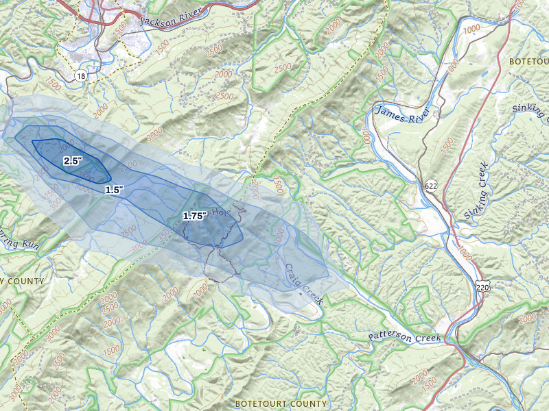 NEXRAD radar-signature map of the hail storm over Eagle Rock, VA on May 27, 2026
