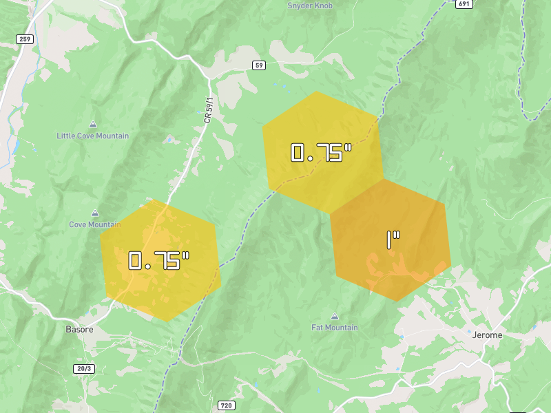 Hail map of Edinburg, VA on Jul 4, 2026, hail up to 1"
