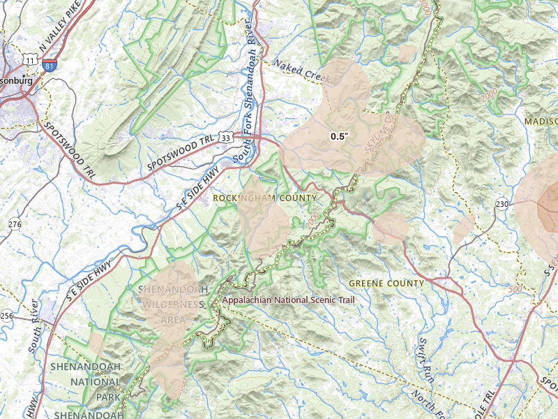Radar-estimated hail-size map of the storm over Elkton, VA on Jul 4, 2026