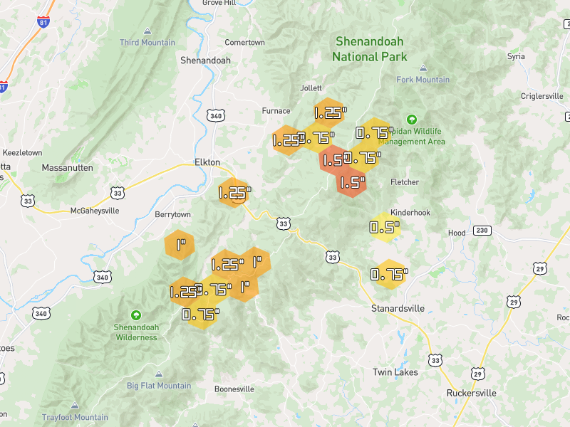 Hail map of Elkton, VA on Jul 4, 2026, hail up to 1.5"