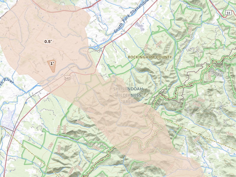 Radar-estimated hail-size map of the storm over Elkton, VA on Aug 14, 2026