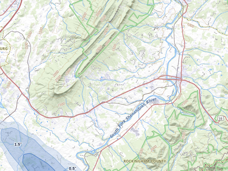 NEXRAD radar-signature map of the hail storm over Elkton, VA on Aug 14, 2026