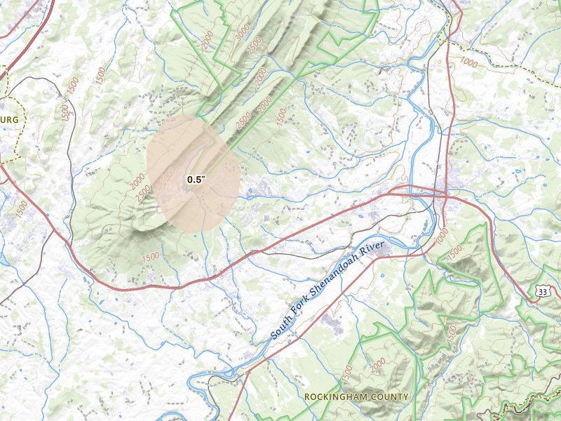 Radar-estimated hail-size map of the storm over Elkton, VA on Aug 27, 2026
