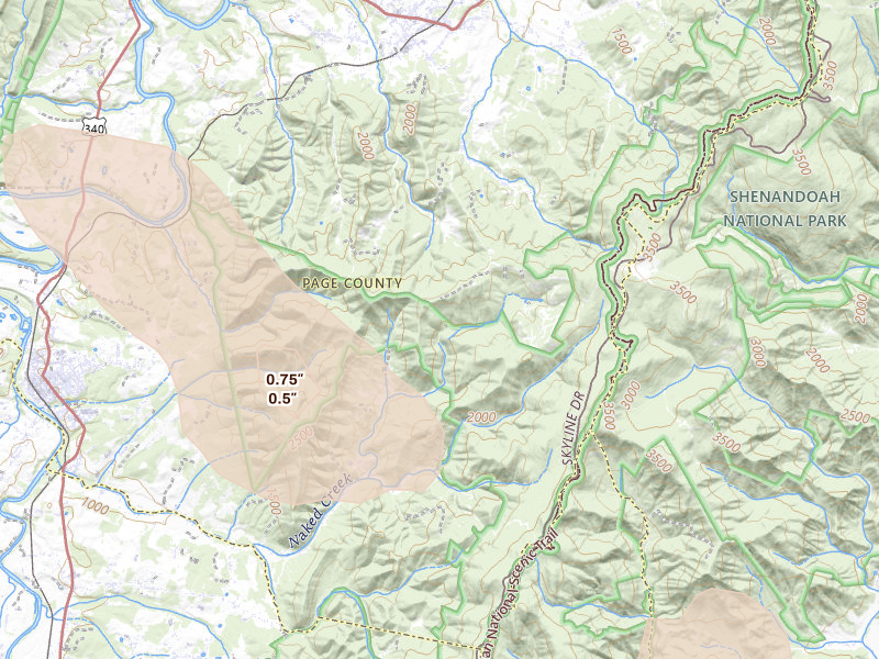 Radar-estimated hail-size map of the storm over Elkton, VA on Sep 4, 2026