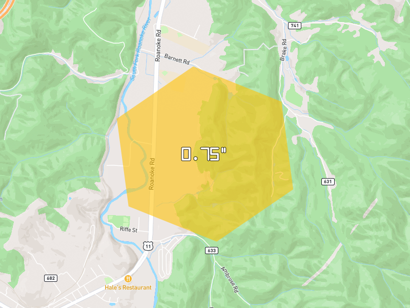 Hail map of Elliston, VA on Jul 4, 2026, hail up to 0.75"