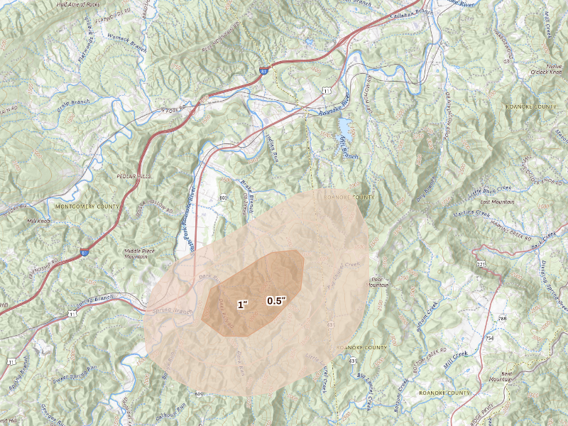 Radar-estimated hail-size map of the storm over Elliston, VA