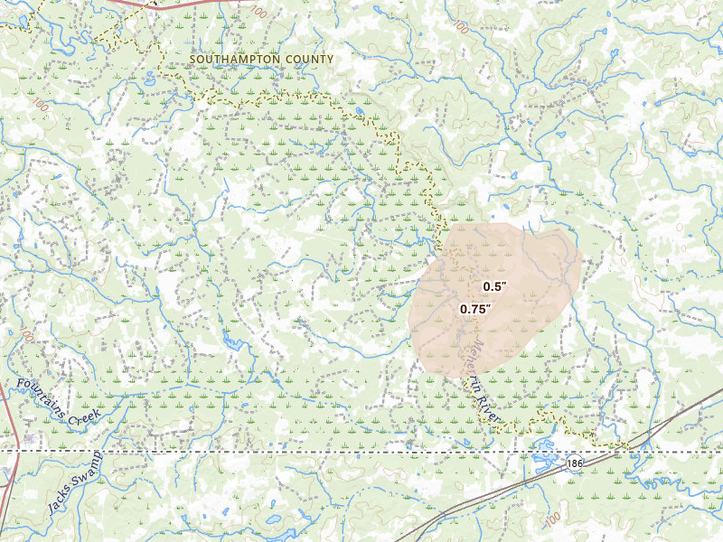 Radar-estimated hail-size map of the storm over Emporia, VA on Jun 22, 2026