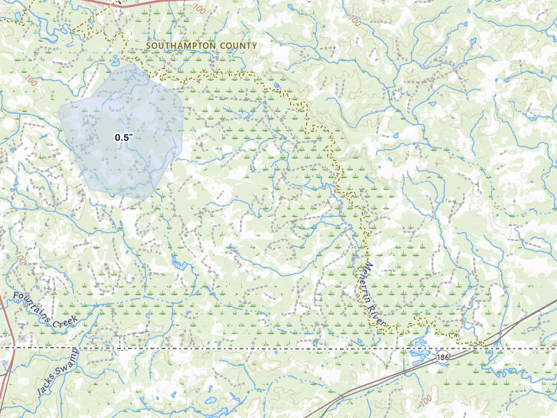 NEXRAD radar-signature map of the hail storm over Emporia, VA on Jul 7, 2026