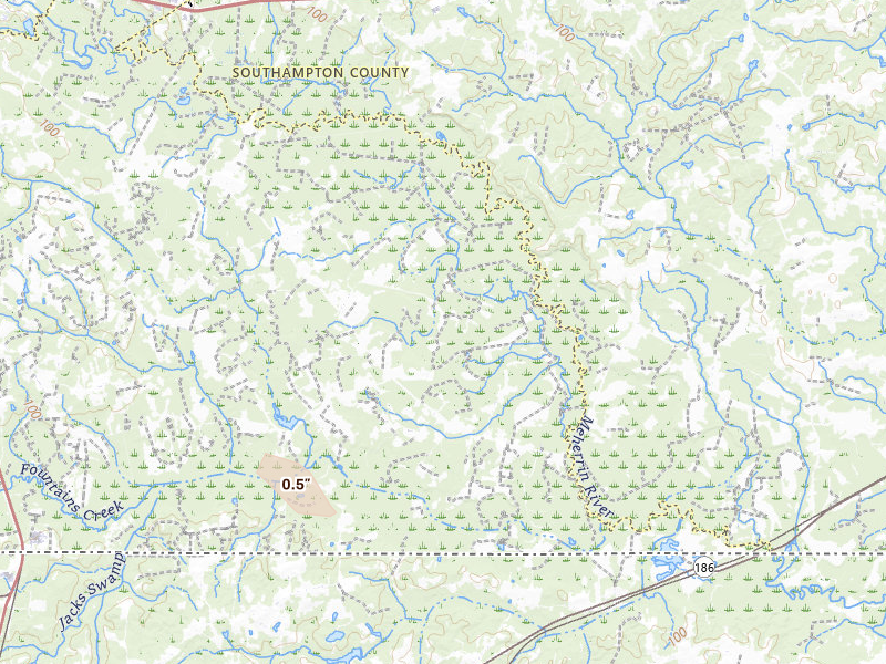 Radar-estimated hail-size map of the storm over Emporia, VA on Aug 10, 2026