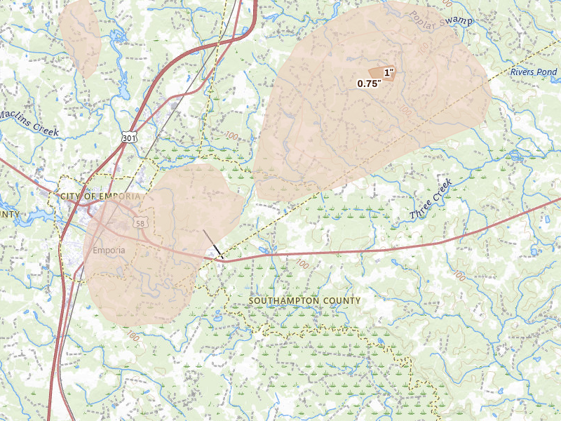 Radar-estimated hail-size map of the storm over Emporia, VA on Sep 2, 2026