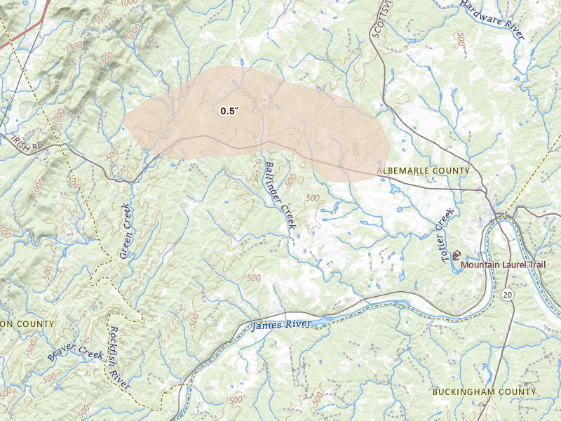Radar-estimated hail-size map of the storm over Esmont, VA on May 27, 2026