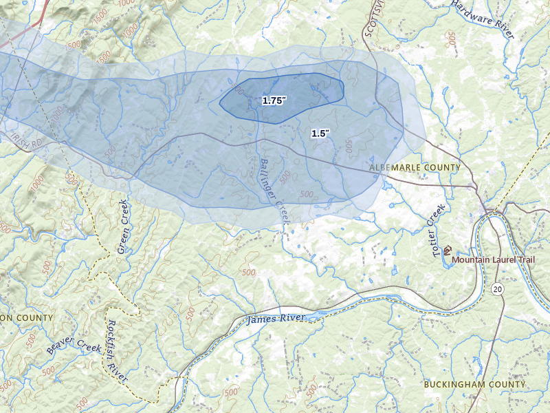 NEXRAD radar-signature map of the hail storm over Esmont, VA on May 27, 2026