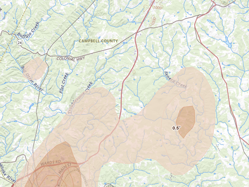 Radar-estimated hail-size map of the storm over Evington, VA on Jul 4, 2026