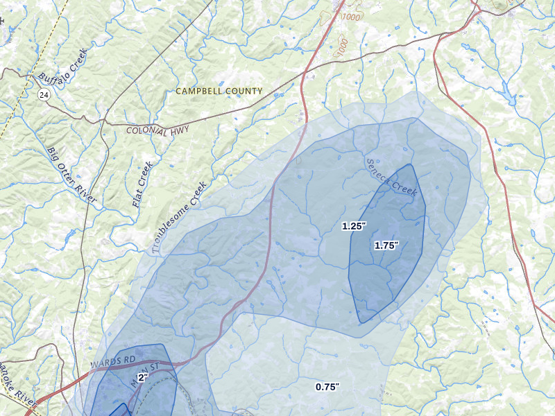 NEXRAD radar-signature map of the hail over Evington, VA