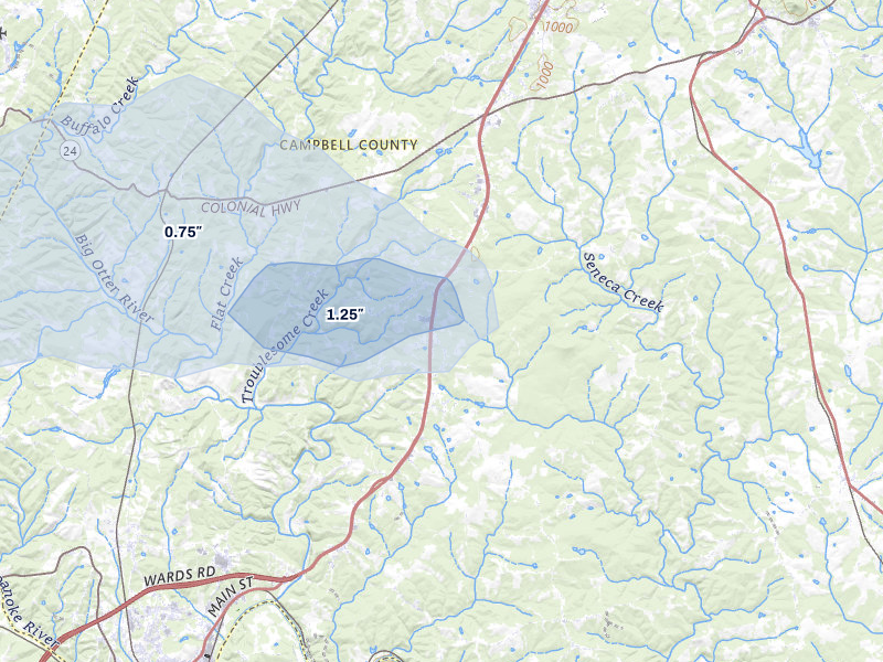 NEXRAD radar-signature map of the hail over Evington, VA