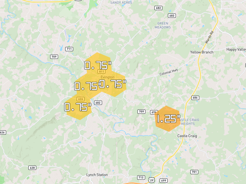 Hail map of Evington, VA on Jul 21, 2026, hail up to 1.25"