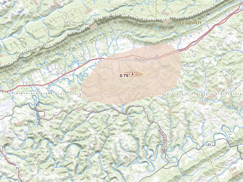 Radar-estimated hail-size map of the storm over Ewing, VA on Jun 12, 2026