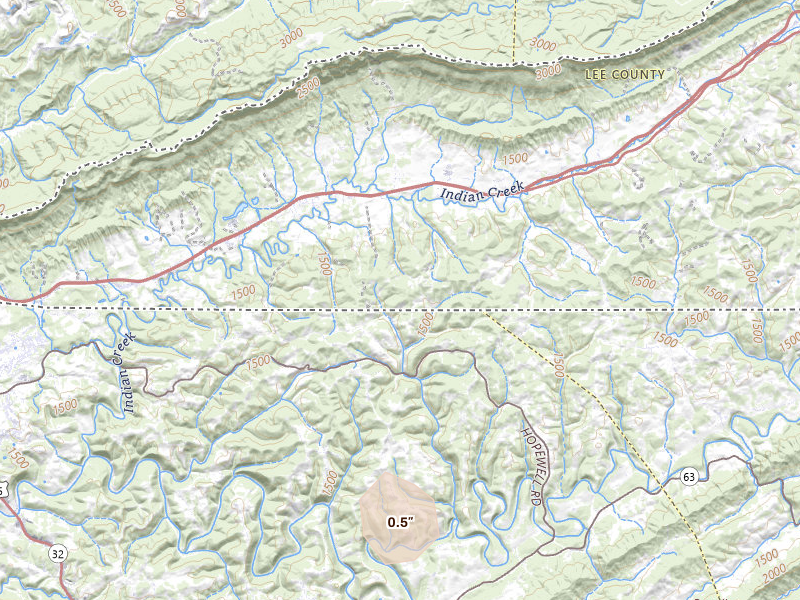 Radar-estimated hail-size map of the storm over Ewing, VA on Jul 28, 2026