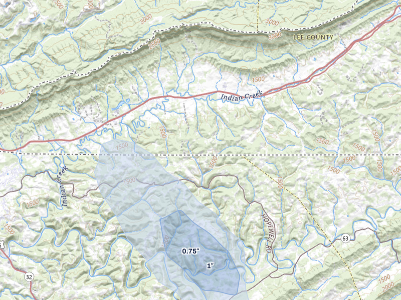 NEXRAD radar-signature map of the hail storm over Ewing, VA on Jul 28, 2026