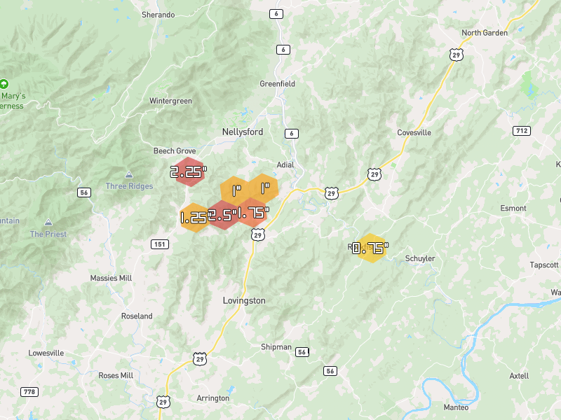 Hail map of Faber, VA on Jul 4, 2026, hail up to 2.5"