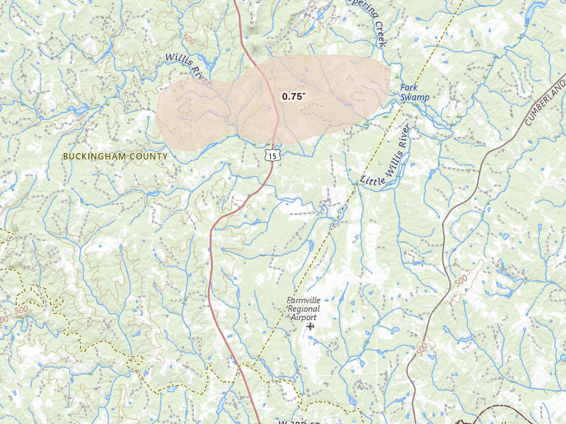 Radar-estimated hail-size map of the storm over Farmville, VA on Jun 14, 2026