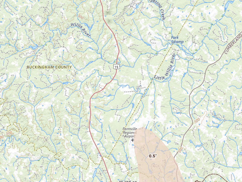 Radar-estimated hail-size map of the storm over Farmville, VA on Jul 26, 2026