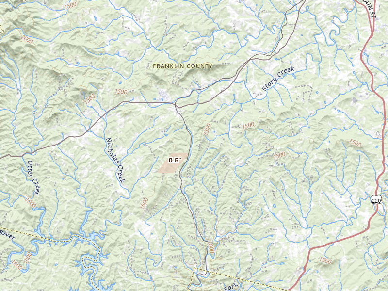 Radar-estimated hail-size map of the storm over Ferrum, VA on Jul 5, 2026