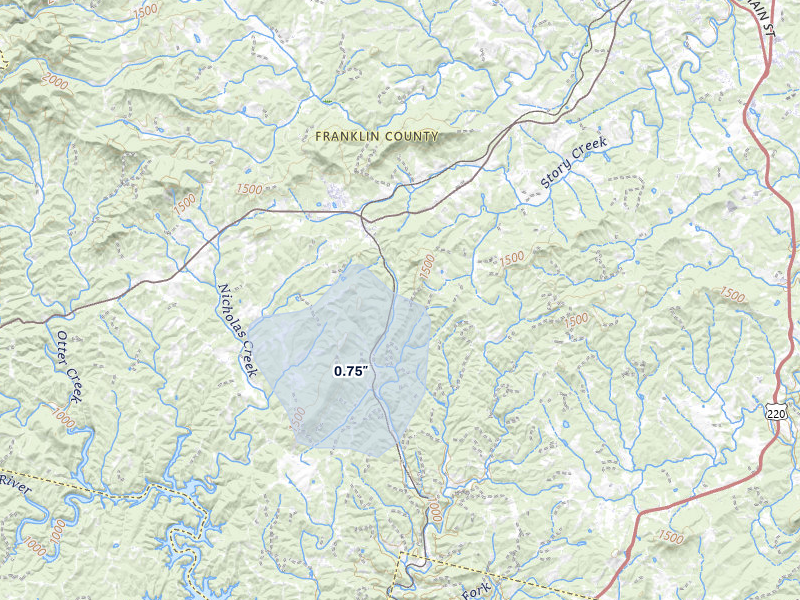 NEXRAD radar-signature map of the hail storm over Ferrum, VA on Jul 5, 2026