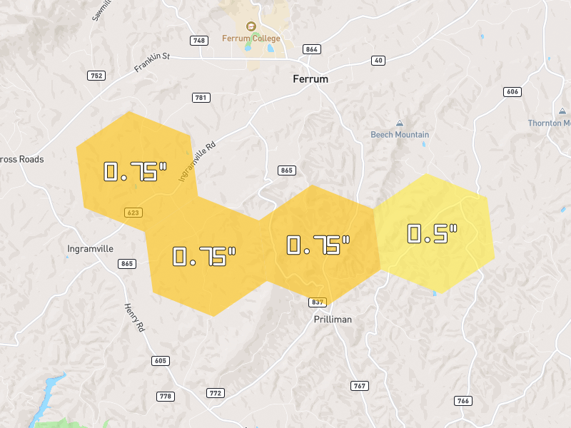 Hail map of Ferrum, VA on Jul 8, 2026, hail up to 0.75"