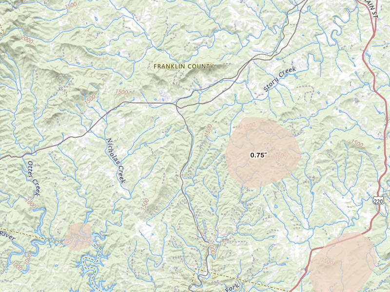 Radar-estimated hail-size map of the storm over Ferrum, VA on Aug 22, 2026