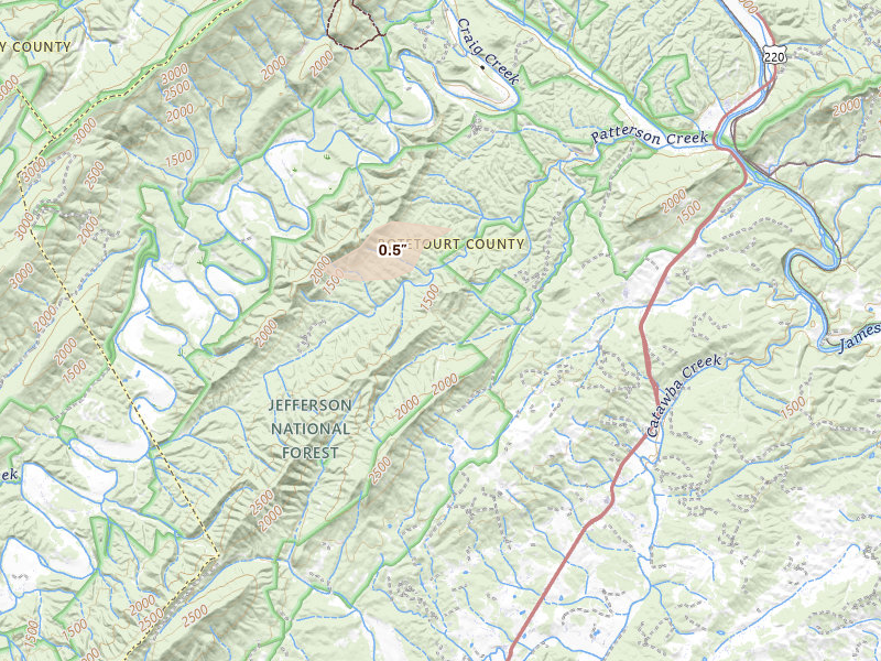 Radar-estimated hail-size map of the storm over Fincastle, VA on Aug 22, 2026