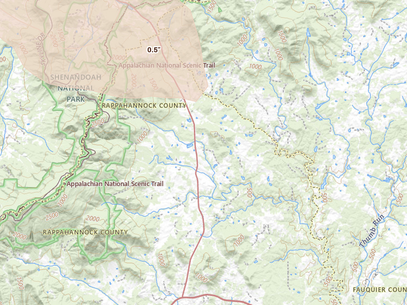 Radar-estimated hail-size map of the storm over Flint Hill, VA on Jul 28, 2026