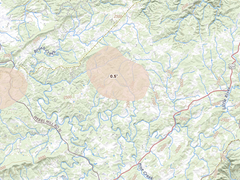Radar-estimated hail-size map of the storm over Floyd, VA on Aug 22, 2026