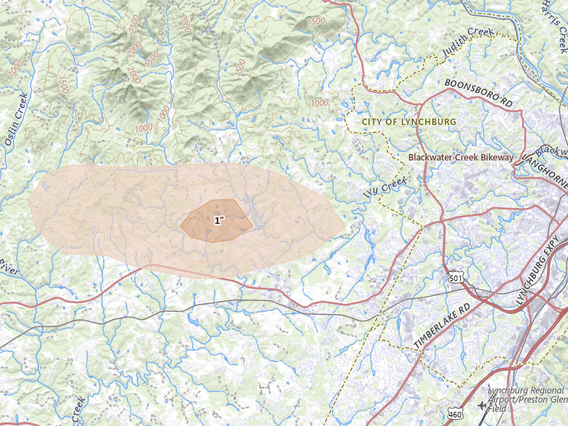 Radar-estimated hail-size map of the storm over Forest, VA on Apr 1, 2026
