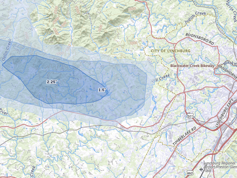 NEXRAD radar-signature map of the hail storm over Forest, VA on Apr 1, 2026