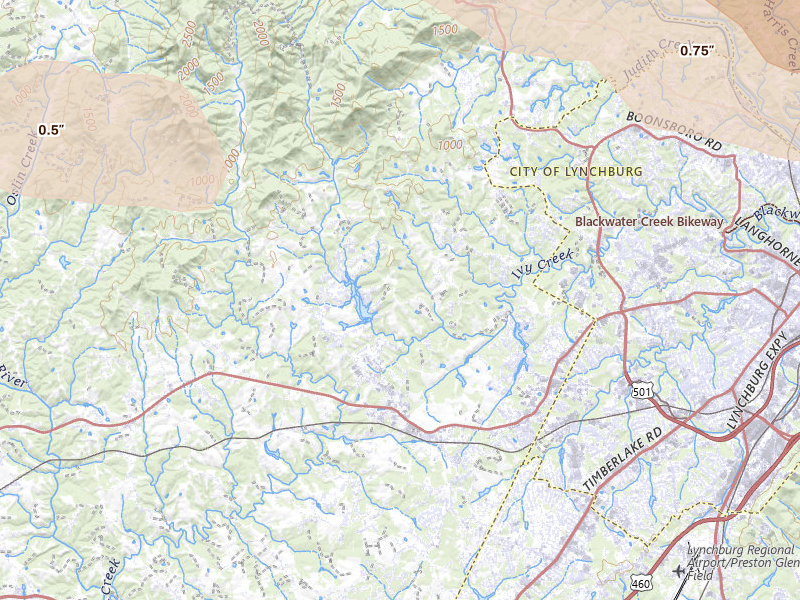 Radar-estimated hail-size map of the storm over Forest, VA on May 27, 2026