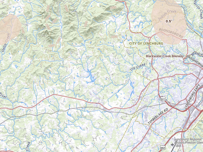 Radar-estimated hail-size map of the storm over Forest, VA on Jul 4, 2026
