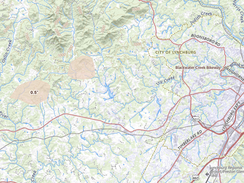 Radar-estimated hail-size map of the storm over Forest, VA on Jul 21, 2026