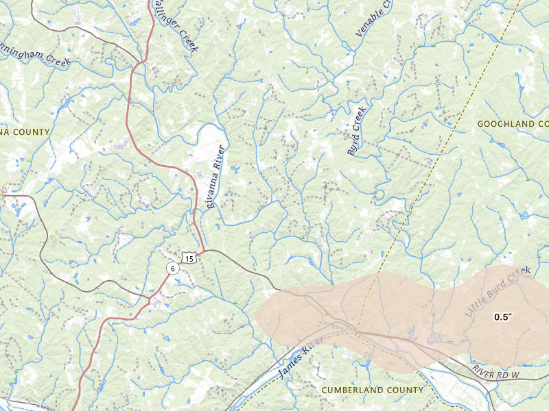 Radar-estimated hail-size map of the storm over Fork Union, VA on Jul 21, 2026