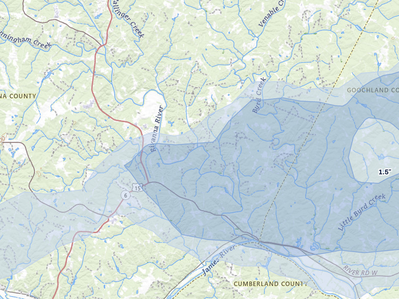 NEXRAD radar-signature map of the hail over Fork Union, VA